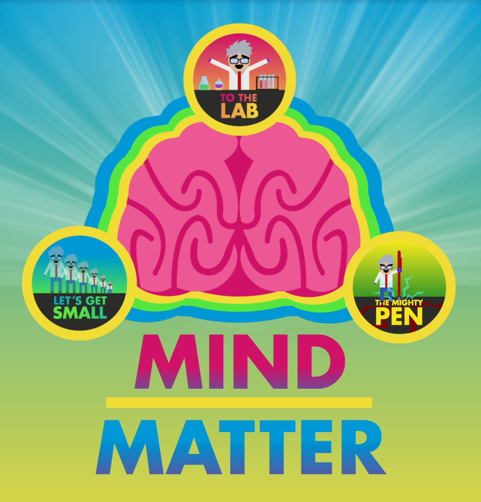A cartoon-style brain with labels (To the Lab, The Might Pen, and Let’s Get Small) on the top and each side. Below the brain is Mind and Matter in large text. The words are separated by a horizontal line